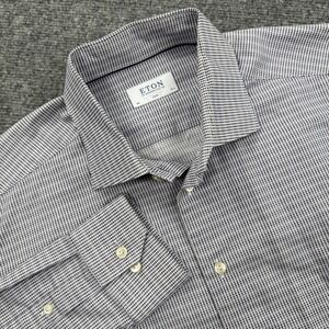 Eton Button Up Shirt 44 17.5 Blue Micro Grid Slim Fit Excellent Mens